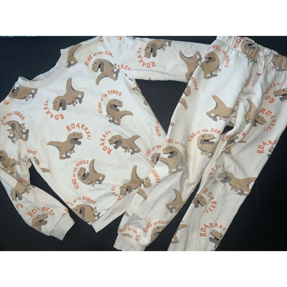H&M BOYS 6-8 CREWNECK+JOGGERS dinosaur King Of Dinos ROAR BEIGE Cotton Fleece HM - Picture 1 of 5